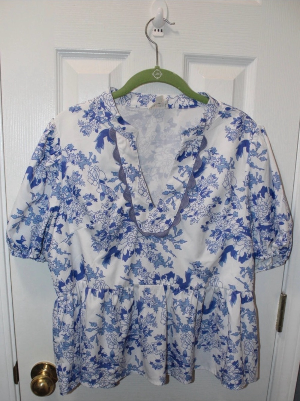 BiBi White and Blue Floral Peplum Tunic